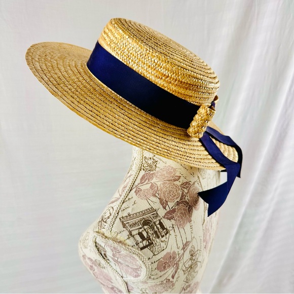 Vintage Laura Ashley Natural Straw Hat Made in Great Britain with Navy Ribbon main image 5